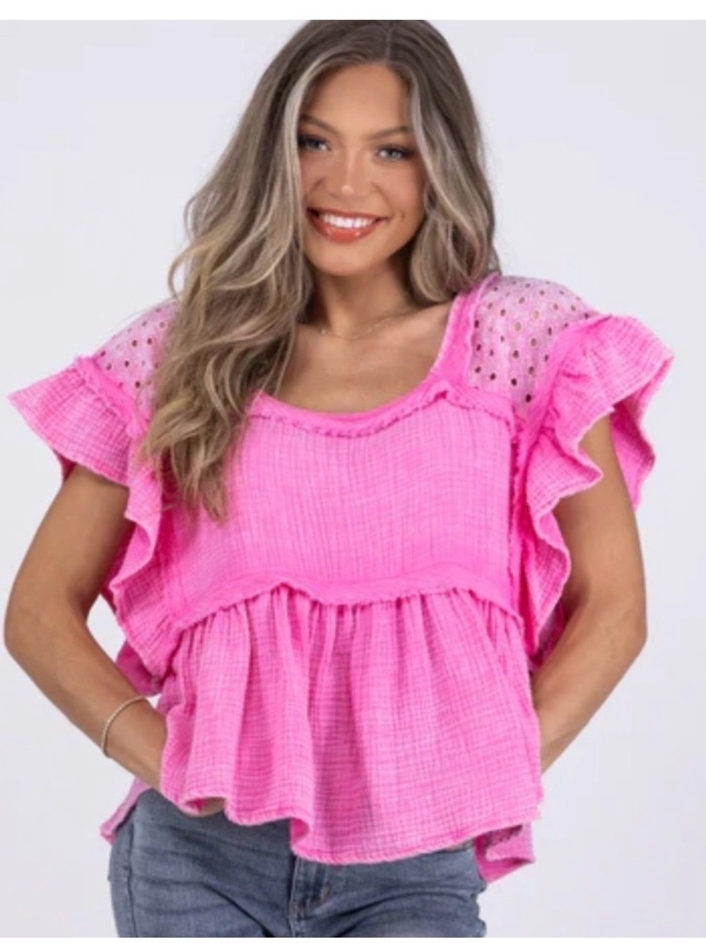 BiBi Hot Pink Eyelet Ruffle Babydoll Top